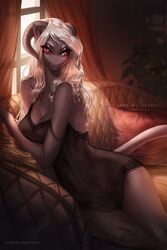  2021 ameshki anthro breasts clothing digital_media_(artwork) dragon eyebrows eyelashes female furniture hair hi_res horn lingerie long_hair mythological_creature mythological_scalie mythology non-mammal_breasts red_eyes scalie smile sofa solo tail white_hair wingless_dragon yasmil 