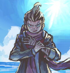  1boy bandaged_arm bandages blue_sky commentary_request danganronpa_(series) danganronpa_2:_goodbye_despair day jacket jewelry looking_at_viewer male_focus multicolored_hair namu_(nurui_cha) open_clothes open_jacket open_mouth outdoors pink_eyes ring scarf short_hair sky solo sweat tanaka_gundham two-tone_hair upper_body 