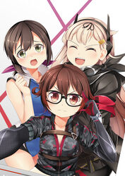  3girls armband bespectacled black-framed_eyewear black_gloves black_hair black_neckwear black_ribbon blonde_hair brown_eyes brown_hair camouflage closed_eyes commentary cosplay elbow_gloves english_commentary fubuki_(kancolle) girls&#039;_frontline glasses gloves gradient_hair green_eyes hair_flaps hair_ornament hair_ribbon hairclip hanebado! hanesaki_ayano hanesaki_ayano_(cosplay) headgear highres hololive jacket kantai_collection long_hair look-alike looking_at_viewer m4_sopmod_ii_(girls&#039;_frontline) m4_sopmod_ii_(girls&#039;_frontline)_(cosplay) mechanical_arms multicolored_hair multiple_girls mutsuki_(kancolle) open_mouth photoshop_(medium) pink_ribbon ponytail red_hair ribbon roboco-san roboco-san_(1st_costume) roboco-san_(cosplay) selfie short_hair short_ponytail sidelocks sportswear upper_body virtual_youtuber yasume_yukito yuudachi_(kancolle) yuudachi_kai_ni_(kancolle) zipper zipper_pull_tab 