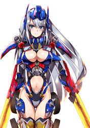  blue_eyes breasts cleavage clenched_hand clothing_cutout commentary female floating_hair genderswap_(mtf) grey_hair highleg highleg_leotard highres humanization i.takashi leotard long_hair looking_at_viewer mecha_musume midriff optimus_prime rule_63 solo stomach_cutout thigh_gap transformers transformers_(live_action) white_background wrist_blades 