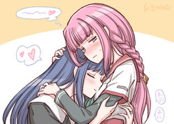  2girls artist_name blue_hair blush braid closed_eyes closed_mouth commentary_request heart kamihama_university_affiliated_school_uniform long_hair magia_record:_mahou_shoujo_madoka_magica_gaiden mahou_shoujo_madoka_magica multiple_girls nanami_yachiyo pink_eyes pink_hair purple_eyes red_sailor_collar sailor_collar school_uniform serafuku shirt single_braid smile spoken_heart studiozombie tamaki_iroha thought_bubble wavy_mouth white_shirt yuri 