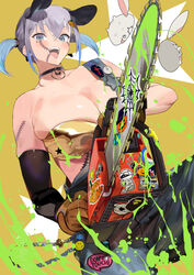  2022 :d animal_ears bandeau bare_shoulders bikini black_choker blood blue_eyes blue_hair blue_overalls bra breasts brown_background brown_gloves chainsaw choker cleavage clothes_writing commentary_request crossed_bangs detached_sleeves dog_ears earrings elbow_gloves english_text female food-themed_hair_ornament gloves gold_bikini gold_bra gradient_hair green_blood grey_hair hair_between_eyes hair_ornament halloween heart heart_earrings holding holding_chainsaw ikuchan_kaoru ikuchan_kaoru_(character) indie_virtual_youtuber jewelry large_breasts looking_at_viewer mole mole_under_eye multicolored_hair open_mouth overalls paint_splatter plump pumpkin_hair_ornament scar scar_on_arm scar_on_face scar_on_stomach short_twintails single_detached_sleeve skindentation smile solo strapless strapless_bra swimsuit teeth tube_top twintails two-tone_hair underwear upper_teeth_only virtual_youtuber yellow_bra 