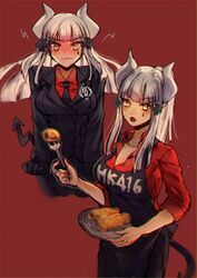  404_logo_(girls&#039;_frontline) :o apron black_apron black_suit blunt_bangs blush business_suit character_name clothes_writing cosplay crepe demon_girl demon_horns demon_tail embarrassed female food fork formal girls&#039;_frontline helltaker highres hk416_(girls&#039;_frontline) horns lucifer_(helltaker) lucifer_(helltaker)_(cosplay) multiple_views necktie plate red_background red_shirt shirt simple_background suit tail xanax025 