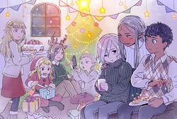  3boys 4girls :t animal_ears antlers argyle_clothes argyle_sweater black_eyes black_hair black_legwear blonde_hair blue_eyes blue_nails boots box braid cake cardigan cellphone christmas christmas_ornaments christmas_tree cithis cup dark_elf deer_ears drink drunk dungeon_meshi eating elf facial_mark fake_animal_ears fake_antlers fleki food forehead_mark fork frown fur_trim gift gift_box green_eyes grey_hair grin half_updo hand_on_another&#039;s_shoulder hat highres holding holding_cup holding_fork holding_phone holding_plate hood hood_down hoodie horns indian_style indoors jack_(haist) kabru knees_up long_hair looking_at_another lycion mithrun multiple_boys multiple_girls notched_ear otta_(dungeon_meshi) pants pantyhose pattadol phone plate pointy_ears red_headwear red_skirt santa_costume santa_hat shirt short_hair sitting skirt smile snowing star_(symbol) string_of_flags striped_clothes striped_pantyhose sweatdrop sweater sweater_vest twintails uneven_eyes vertical-striped_clothes vertical-striped_pantyhose walking wariza window yellow_eyes 