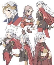  aged_down blood blood_on_clothes blood_on_face blood_on_gloves blood_on_hands brown_footwear brown_hair commentary_request dual_wielding edelgard_von_hresvelg edelgard_von_hresvelg_(hegemon_husk) fake_horns female fire_emblem fire_emblem:_three_houses garreg_mach_monastery_uniform gloves grey_hair hair_ornament hair_ribbon highres holding holding_sword holding_weapon horns long_hair long_sleeves looking_at_viewer multiple_views nanao_parakeet pantyhose purple_eyes red_pantyhose ribbon shorts side_ponytail simple_background sword weapon white_background white_gloves white_pantyhose 