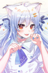  ahoge animal_ears blue_hair blue_nails cat_day cat_ears collar collarbone commentary_request female flukelack highres hololive long_hair looking_at_viewer oerba_yun_fang open_mouth red_eyes smile solo thick_eyebrows upper_body usada_pekora usada_pekora_(casual) virtual_youtuber 