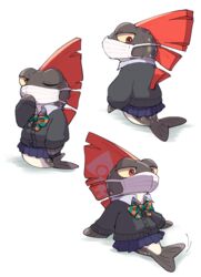  anthro bottomwear clothed clothing crossdressing fish grey_body hair male marine mask monuke30 nintendo red_eyes red_hair salmonid_(splatoon) school_uniform skirt solo splatoon steel_eel_driver uniform yellow_sclera 