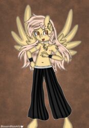  absurd_res anthro armwear blossomblaze brown_eyes chest_fur clothing equid equine fan_character freckles hair hasbro hi_res long_hair looking_at_viewer male mammal my_little_pony mythological_creature mythological_equine mythology neckwear pegasus raised_arm smile smiling_at_viewer solo spread_legs spread_wings spreading wings wraps wrist_wraps 