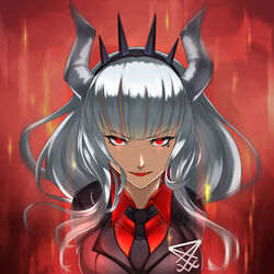  blunt_bangs breasts business_suit fangs female formal glowing glowing_eyes helltaker highres horns indy_k large_breasts long_hair looking_at_viewer lucifer_(helltaker) mole mole_under_eye necktie red_eyes red_shirt shirt solo suit upper_body white_hair white_horns 