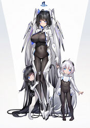  3girls armor armored_dress black_hair black_leotard blue_eyes bodystocking breasts covered_navel dk.senie dress dualsense game_console highres huge_breasts leotard long_hair multiple_girls personification photoshop_(medium) playstation_5 playstation_controller playstation_logo power_cord ps5_chan sony white_dress white_hair 