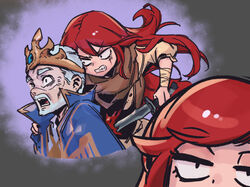  1boy angry assassination blood clenched_teeth cropped_torso crown female grey_hair hand_on_another&#039;s_shoulder holding holding_knife katarina_(league_of_legends) king knife league_of_legends long_hair multiple_views open_mouth phantom_ix_row red_hair royal_robe scar scar_across_eye short_hair teeth 