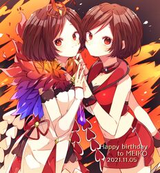  2girls bad_id bad_twitter_id bare_arms black_background brown_hair character_name choker closed_mouth commentary crop_top dated dot_mouth dress dual_persona feathers fire happy_birthday highres holding_hands kaho_0102 magical_mirai_(vocaloid) magical_mirai_meiko magical_mirai_meiko_(2021) meiko_(vocaloid) meiko_(vocaloid3) midriff miniskirt multiple_girls nail_polish navel palms_together red_eyes red_nails red_shirt red_skirt shirt short_hair skirt smile vocaloid white_dress white_sleeves wrist_cuffs 