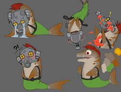  benji_(artist) blush bottomwear clothing feral fin fish flipper_flopper_(splatoon) grey_body hair hi_res male marine mask nintendo pants red_eyes red_hair salmonid_(splatoon) solo splatoon 