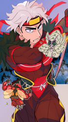  1boy absurdres black_eyes black_hair bright_pupils buzzwole commentary_request covered_abs eyeshadow frown gloves golisopod grey_eyeshadow grey_hair guzma_(pokemon) guzma_(special_costume)_(pokemon) headband heart highres holding holding_sword holding_weapon katana makeup male_focus official_alternate_costume outline parted_lips pokemon pokemon_masters_ex red_headband roar_kibachan short_hair sparkle sword weapon white_pupils 