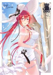  absurdres artist_name azur_lane bare_shoulders biganbanani breasts cane cocktail_dress covered_nipples dated dress female from_side hair_between_eyes hat highres large_breasts long_hair looking_at_viewer looking_to_the_side microdress monarch_(azur_lane) monarch_(white_warrick)_(azur_lane) official_alternate_costume outdoors purple_eyes red_hair royal_navy_emblem_(azur_lane) see-through see-through_sleeves solo sun_hat thighs very_long_hair walking white_dress white_hat 