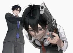  2boys aiming aiming_at_viewer arm_behind_back bent_over black_eyes blood blood_on_clothes blood_on_face blue_necktie collared_shirt crossed_arms evil_grin evil_smile formal grin gun hair_between_eyes holding holding_gun holding_weapon huh_1222 kim_dokja korean_commentary looking_at_another looking_at_viewer male_focus multiple_boys necktie omniscient_reader&#039;s_viewpoint parted_lips revolver shirt short_hair sleeves_rolled_up smile suit vest weapon white_background yoo_joonghyuk 