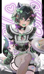  1boy :3 absurdres animal_ears black_hair bow cat_boy cat_ears commission crossdressing detached_sleeves fishnet_thighhighs fishnets food green_eyes hair_ornament hairbow heart highres kitou_saji looking_at_viewer maid maid_headdress male_focus open_mouth original otoko_no_ko sandwich short_hair sitting skeb_commission sleeves_past_wrists smile solo thigh_strap thighhighs tray 