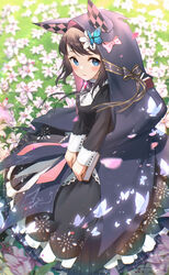  animal_hood black_hair black_shirt blue_butterfly blue_eyes blush bow bug butterfly female field flower flower_field francesca_(pride_of_eden) hair_flower hair_ornament highres hood lolittleboy long_sleeves looking_at_viewer making-of_available outdoors pink_bow red:_pride_of_eden shirt white_butterfly 