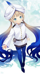  blue_pantyhose captain_nemo_(fate) fate/grand_order fate_(series) feathers female hat highres long_hair looking_at_viewer military military_hat military_uniform miyano_ururu nemo_(fate) pantyhose solo uniform very_long_hair 