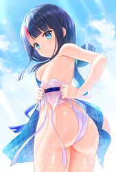  ass back bare_shoulders black_hair blue_eyes blue_ribbon blue_sky blush breasts closed_mouth dress fate/grand_order fate/requiem fate_(series) female fundoshi highres japanese_clothes jewelry looking_at_viewer looking_back magatama magatama_hair_ornament medium_breasts medium_hair multicolored_hair necklace pelvic_curtain pink_hair ribbon seigaiha short_dress sideboob sideless_outfit sidelocks sky solo streaked_hair thighs tomo_(tmtm_mf_mf) two-sided_fabric utsumi_erice wet white_dress 