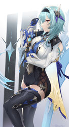  absurdres arm_under_breasts black_hairband blue_cape blue_hair boots breasts cape chinese_commentary closed_mouth clothing_cutout commentary covered_navel cowboy_shot eula_(genshin_impact) female from_side genshin_impact greatsword hair_between_eyes hair_ornament hairband hand_up high-waist_shorts highres kinokoneko knee_up large_breasts long_sleeves looking_at_viewer medium_hair playing_with_own_hair shorts shoulder_cape shoulder_cutout solo sword thigh_boots weapon white_sleeves wide_sleeves yellow_eyes 