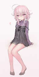  absurdres ahoge bad_id bad_pixiv_id black_dress black_legwear closed_mouth commentary_request double_bun dress female full_body grey_background hair_between_eyes hair_bun highres long_hair long_sleeves looking_at_viewer original pink_hair purple_eyes purple_shirt shiodome_oji shirt simple_background sitting sleeveless sleeveless_dress sleeves_past_wrists solo strap_slip very_long_hair 