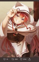  animal_hood blush cape crossed_bangs eris_greyrat female hair_between_eyes highres hood hooded_cape long_hair looking_at_viewer mushoku_tensei parted_lips red_eyes red_hair smirk teeth thick_eyebrows totorichu tweet 