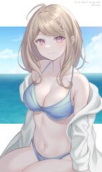  ahoge akamatsu_kaede artist_name bangs banned_artist bare_shoulders bikini blonde_hair blue_bikini breasts cleavage collarbone commentary danganronpa_(series) danganronpa_v3:_killing_harmony eyebrows_visible_through_hair female grey_background grey_jacket hair_ornament highres jacket large_breasts long_hair long_sleeves looking_at_viewer musical_note_hair_ornament nabekokoa navel shiny shiny_hair shiny_skin smile solo stomach swimsuit 