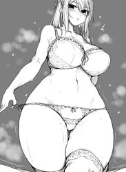  blush bra breasts cleavage female greyscale haseru_(ginku_mh) heart highres large_breasts lingerie looking_at_viewer medium_hair monochrome original panties panty_pull pulling_own_clothes solo thighhighs underwear 