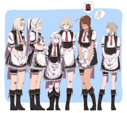  6+girls ak-12_(girls&#039;_frontline) alternate_costume an-94_(girls&#039;_frontline) blonde_hair blush braid brown_hair closed_eyes commentary_request cosplay crossed_arms english_commentary enmaided eyewear_on_head french_braid g36_(girls&#039;_frontline) g36_(girls&#039;_frontline)_(cosplay) girls&#039;_frontline green_eyes grey_hair hand_on_another&#039;s_head height_difference huqu korean_commentary lee-enfield_(girls&#039;_frontline) low_ponytail m200_(girls&#039;_frontline) maid mixed-language_commentary monocle multiple_girls purple_eyes red_eyes scar scar_on_neck sweatdrop thunder_(girls&#039;_frontline) vector_(girls&#039;_frontline) yellow_eyes 