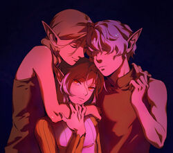  2boys arm_around_neck bare_shoulders black_background blonde_hair braided_ponytail_elf_(dungeon_meshi) brothers chinese_commentary closed_eyes closed_mouth covered_eyes dungeon_meshi elf english_commentary female frown grey_hair group_hug hair_over_eyes hair_over_shoulder hand_on_another&#039;s_arm hand_on_another&#039;s_hand heads_together hug long_hair long_sleeves looking_at_viewer mithrun mithrun&#039;s_brother mixed-language_commentary multiple_boys orange_hair pointy_ears short_hair siblings sleeveless smile tsy upper_body 