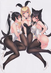  3girls absurdres animal_ears ass atago_(azur_lane) ayase_hazuki azur_lane bare_shoulders black_hair black_leotard black_pantyhose black_thighhighs blonde_hair blue_eyes blush bow bowtie breasts brown_eyes cleavage collarbone detached_collar extra_ears fake_animal_ears garter_straps hair_between_eyes hair_flaps hair_ribbon hairband hairbow high_heels highres large_breasts leotard long_hair looking_at_viewer multiple_girls nontraditional_playboy_bunny north_carolina_(azur_lane) pantyhose photoshop_(medium) playboy_bunny ponytail rabbit_ears ribbon scan smile takao_(azur_lane) thighhighs thighs very_long_hair white_bow white_footwear white_leotard white_ribbon wrist_cuffs 