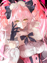  animal_ear_fluff animal_ears black_bow black_gloves blush bow breasts cloak collared_shirt corset dress_shirt fate/grand_order fate_(series) female flprayer fur-trimmed_cloak fur_collar fur_trim glasses gloves grin hair_between_eyes hairbow highres koyanskaya_(assassin)_(second_ascension)_(fate) koyanskaya_(fate) large_breasts long_hair long_sleeves looking_at_viewer pink_hair rabbit_ears shirt sidelocks smile solo tamamo_(fate) twintails underbust white_shirt yellow_eyes 