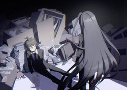  2boys ahoge black_hair black_jacket black_necktie black_pants book book_stack brown_hair closed_eyes collared_shirt commentary danganronpa_(series) danganronpa_3_(anime) facing_another formal from_behind highres hinata_hajime holding jacket kamukura_izuru long_hair long_sleeves male_focus multiple_boys necktie on_ground pants paper papers shelf shirt short_hair sitting spoilers standing suit very_long_hair white_shirt ziling 