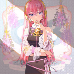  armband bare_shoulders black_shirt black_skirt blue_eyes blue_nails character_name commentary detached_sleeves female finger_to_own_chin gold_trim headphones highres lips long_skirt looking_at_viewer megurine_luka nail_polish parted_lips pink_hair see-through see-through_sleeves shirt side_slit sidelighting skirt sleeveless sleeveless_shirt solo symbol_in_eye twitter_username uchako upper_body vocaloid 