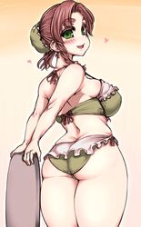  alternate_hair_length alternate_hairstyle ass back bikini blush breasts commentary_request female frilled_bikini frills gradient_background green_bikini green_eyes green_headwear haseru_(ginku_mh) hat_ornament highres hong_meiling looking_at_viewer open_mouth red_hair short_hair smile solo star_(symbol) star_hat_ornament swimsuit touhou yellow_background 