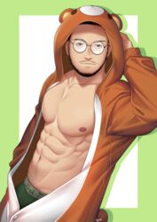  1boy abs animal_costume animal_ears bara bare_pectorals bear_costume bear_ears beard black_hair bulge commission facial_hair fake_animal_ears feet_out_of_frame glasses green_male_underwear highres kashi_kosugi large_pectorals male_focus male_underwear male_underwear_peek mature_male muscular muscular_male navel navel_hair nipples open_clothes original pectorals realistic round_eyewear short_hair solo stomach underwear 