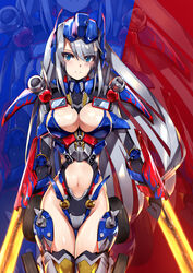  blue_eyes breasts cleavage clenched_hand clothing_cutout commentary female floating_hair genderswap_(mtf) grey_hair highleg highres humanization i.takashi long_hair looking_at_viewer mecha_musume midriff optimus_prime rule_63 solo stomach_cutout thigh_gap transformers transformers_(live_action) wrist_blades 