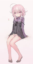  absurdres ahoge bad_id bad_pixiv_id black_dress black_legwear commentary_request double_bun dress female full_body grey_background hair_between_eyes hair_bun highres long_hair long_sleeves looking_at_viewer original panties parted_lips pink_hair pink_panties purple_eyes purple_shirt shiodome_oji shirt simple_background sitting sleeveless sleeveless_dress sleeves_past_wrists solo strap_slip underwear very_long_hair 