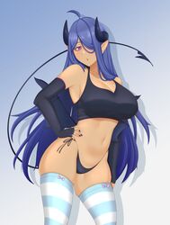  absurd_res biped blue_hair bra clothed clothing demon demon_humanoid digital_media_(artwork) female hair hair_over_eye hand_on_hip hi_res humanoid legwear not_furry one_eye_obstructed panties pattern_clothing pattern_legwear peachcupp side-tie_panties solo spade_tail striped_clothing striped_legwear stripes tail training_bra underwear 