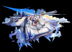  :d agoto alchemy_stars armpits arms_behind_head ass azure_(alchemy_stars) black_background blue_eyes boots breasts brown_thighhighs car cleavage commentary crossed_legs eyewear_on_head facial_mark female garter_straps gun high_heels highres large_breasts looking_at_viewer motor_vehicle official_art open_mouth simple_background smile solo sunglasses thighhighs weapon white_hair 