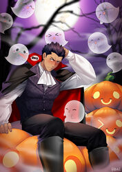  1boy alternate_costume ascot bad_id bad_pixiv_id bara black_pants blush commission dark-skinned_male dark_skin dungeon_ni_deai_wo_motomeru_no_wa_machigatteiru_darou_ka embarrassed full_moon ghost grey_vest halloween_costume hand_on_own_head highres jack-o&#039;-lantern kashi_kosugi kashima_ouka large_pectorals male_focus moon muscular muscular_male pants pectorals short_hair sideburns solo spiked_hair thighs undershirt vampire_costume vest 