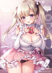  :d bare_shoulders black_panties black_ribbon blonde_hair blunt_bangs blurry blurry_background blush bokeh bow bow_panties box breasts cleavage commentary_request cowboy_shot depth_of_field earrings elbow_gloves female frilled_panties frills gift gift_box gloves hair_ribbon heart-shaped_box holding holding_box holding_gift jewelry large_breasts long_hair looking_at_viewer mitsuba_choco open_mouth original panties pink_eyes pink_skirt ribbon ribbon-trimmed_clothes ribbon_trim shirt skirt smile solo standing twintails underwear white_gloves white_shirt 