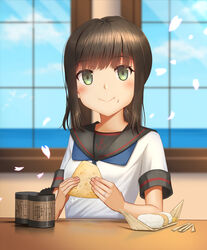  black_hair black_sailor_collar blizzard breasts can cherry_blossoms cloud cloudy_sky day eating female food food_on_face fubuki_(kancolle) fubuki_kai_ni_(kancolle) green_eyes happy highres japanese_clothes jewelry kantai_collection kuroyume_suna looking_at_viewer low_ponytail ocean onigiri petals ponytail ring sailor_collar school_uniform serafuku shirt short_ponytail short_sleeves sky small_breasts solo upper_body wedding_ring white_shirt window 