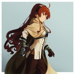  08191224k ahoge black_hairband breasts cape closed_mouth commentary_request crossed_bangs eris_greyrat female hair_between_eyes hairband highres long_hair long_sleeves mushoku_tensei red_eyes red_hair solo sword sword_behind_back thick_eyebrows weapon 