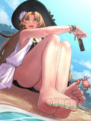  arknights artist_name bare_legs bare_shoulders barefoot black_headwear black_shorts blue_sky breasts brown_hair cleavage cloud cloudy_sky commentary_request crab day dolphin_shorts feet female flower foot_focus foreshortening green_eyes green_nails hair_flower hair_ornament highres holding knees_up legs legs_together long_hair low-cut_armhole medium_breasts nail_polish ocean official_alternate_costume open_mouth outdoors paid_reward_available parted_bangs shadow shorts signature sky soles solo swire_(arknights) swire_the_elegant_wit_(arknights) thighs toe_scrunch toenail_polish toenails toes very_long_hair wavy_hair wristband yamauchi_(conan-comy) 