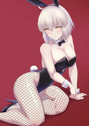  absurdres ahoge animal_ears black_leotard blush bow bowtie breasts covered_navel detached_collar fake_animal_ears fate/grand_order fate_(series) female fishnet_pantyhose fishnets high_heels highleg highleg_leotard highres jeanne_d&#039;arc_alter_(avenger)_(fate) jeanne_d&#039;arc_alter_(fate) large_breasts leotard looking_at_viewer okuma707 pantyhose playboy_bunny rabbit_ears rabbit_tail red_background short_hair solo strapless strapless_leotard tail thighs white_hair wrist_cuffs yellow_eyes 