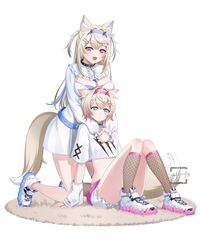  2girls animal_ears arms_around_neck belt_collar black_collar blonde_hair blue_eyes blue_hair blue_nails blush breasts cleavage_cutout closed_mouth clothing_cutout collar cropped_shirt dog_ears dog_girl dog_tail dress fishnet_socks fishnets frilled_shorts frills fuwawa_abyssgard fuwawa_abyssgard_(1st_costume) hair_ornament hairpin highres hololive hololive_english hug large_breasts long_hair looking_at_viewer medium_hair mococo_abyssgard mococo_abyssgard_(1st_costume) multicolored_hair multiple_girls nail_polish oerba_yun_fang open_mouth pink_eyes pink_hair pink_nails shirt shoes short_shorts shorts siblings sidelocks single_fishnet_legwear sisters skyrail smile sneakers socks spiked_collar spikes streaked_hair tail twins two_side_up virtual_youtuber white_dress white_footwear white_shirt white_shorts x_hair_ornament 