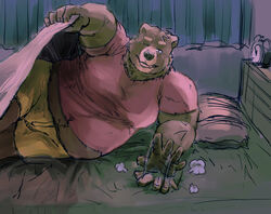  2022 anthro bear bed bedding blanket bottomwear brown_body clothing furniture hi_res humanoid_hands inviting inviting_under_covers kemono male mammal nakatahomerun overweight overweight_male pillow shirt shorts solo tired topwear under_covers 