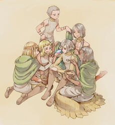  2boys 4girls arm_tattoo bare_shoulders barefoot bird bird_on_hand blonde_hair boots bowl bracelet braid bridal_gauntlets cithis cloak dark-skinned_female dark_elf dark_skin dressing_another dungeon_meshi elf feeding fleki food giving gloves gorget grey_hair half_updo highres holding holding_bowl holding_spoon hood hood_down hooded_cloak jack_(haist) jewelry knee_boots knees_up long_hair long_sleeves lycion mithrun multiple_boys multiple_girls notched_ear otta_(dungeon_meshi) pattadol pointy_ears robe short_hair single_glove sitting sleeveless smile soup spoon standing swept_bangs tattoo topless_male twintails uniform wariza yellow_background 